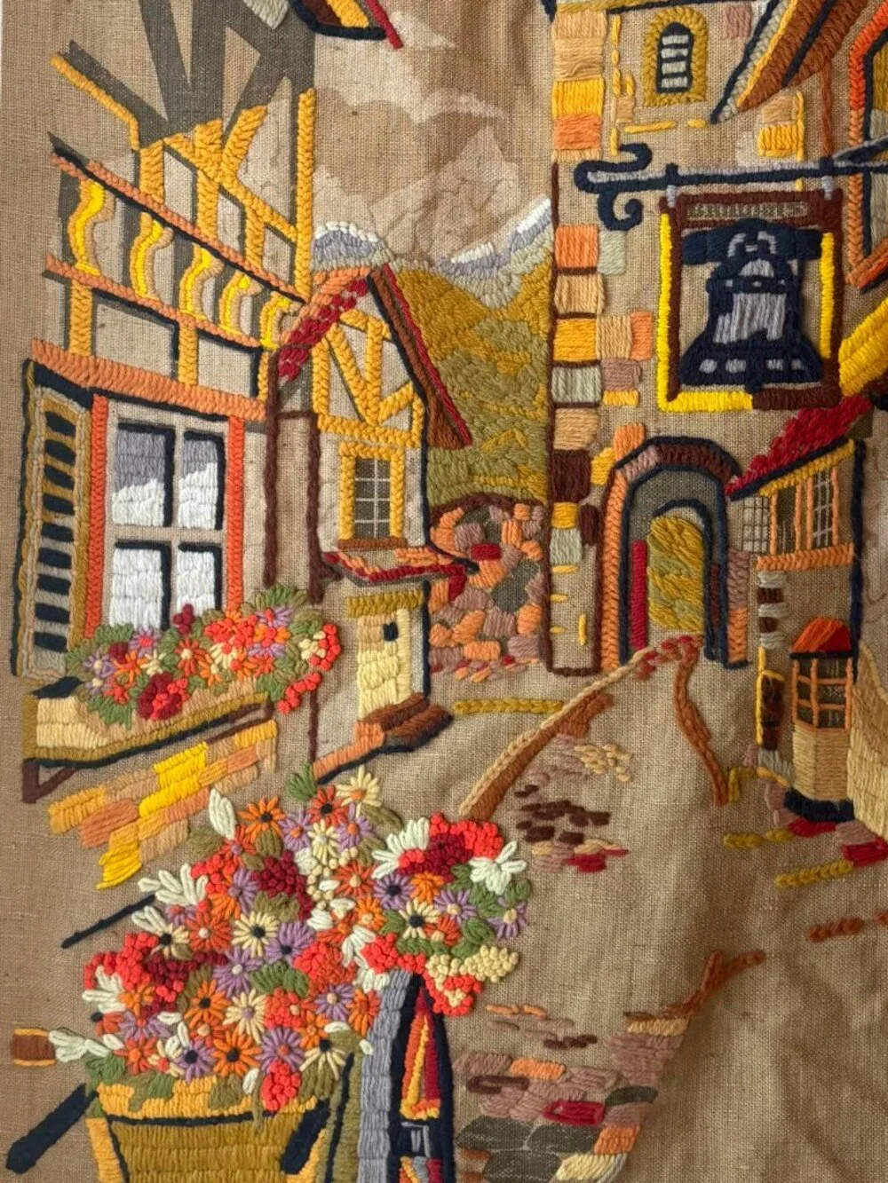 Vintage 1960s - 70s Handmade Wall Tapestry European Town Scene Crewel Embroidery